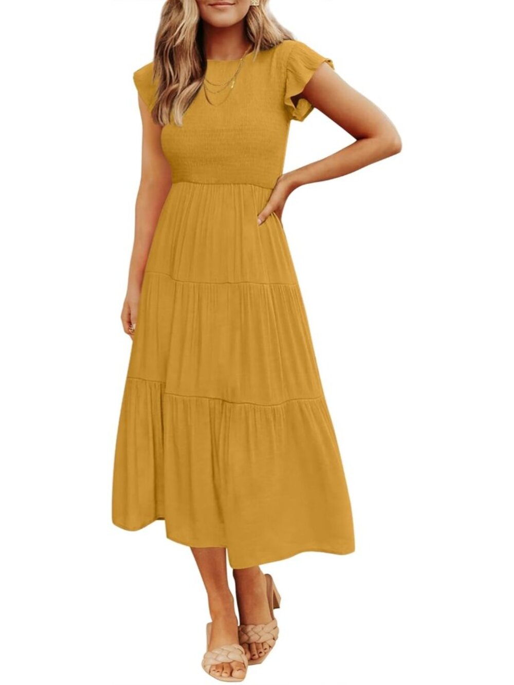 〽️Ginger Smocked Midi Dress Women’s Flutter Sleeve Crew Neck Tiered Boho Dress